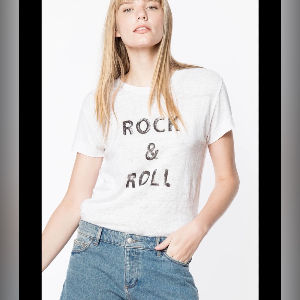 • Zadig & Voltaire • White Cropped Distressed Rock & Roll Graphic Tee